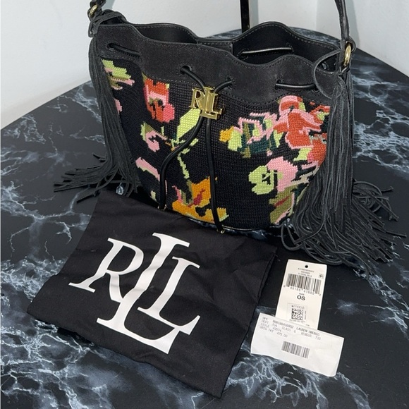 LAUREN RALPH LAUREN Needlepoint Medium Andie Drawstring Crossbody Bag AUTHENTIC - Picture 3 of 15